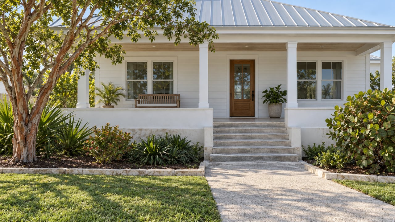 White elevated coastal home with a silver metal roof, shaded porch, concrete entry steps and mature tropical planting.