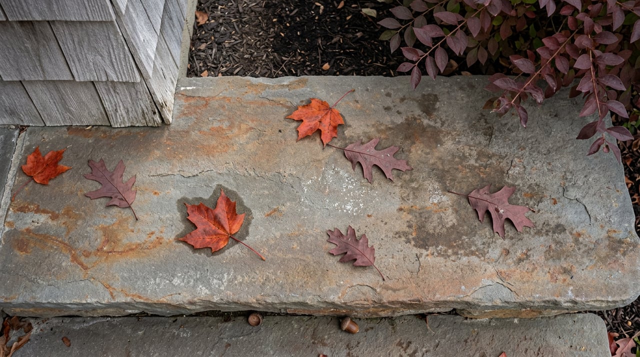 Bluestone entry tread with scattered orange-red and maroon leaves, two acorns, and burgundy shrub branches at the edge.