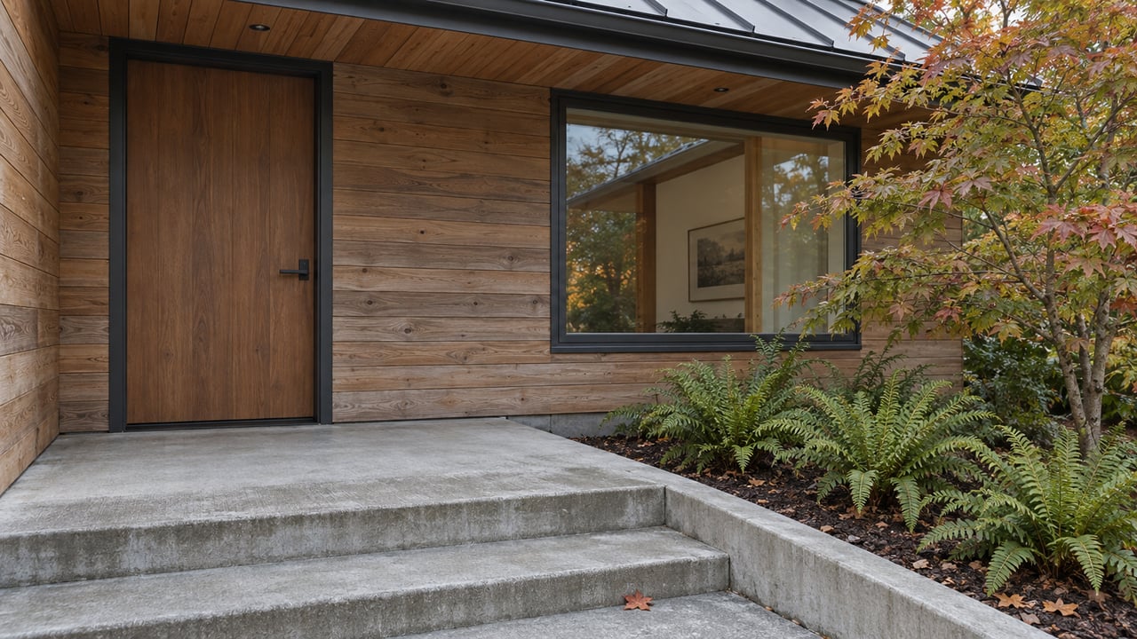 Cedar-clad home entry with a timber door, charcoal-framed window, concrete steps and vine maple above sword ferns.