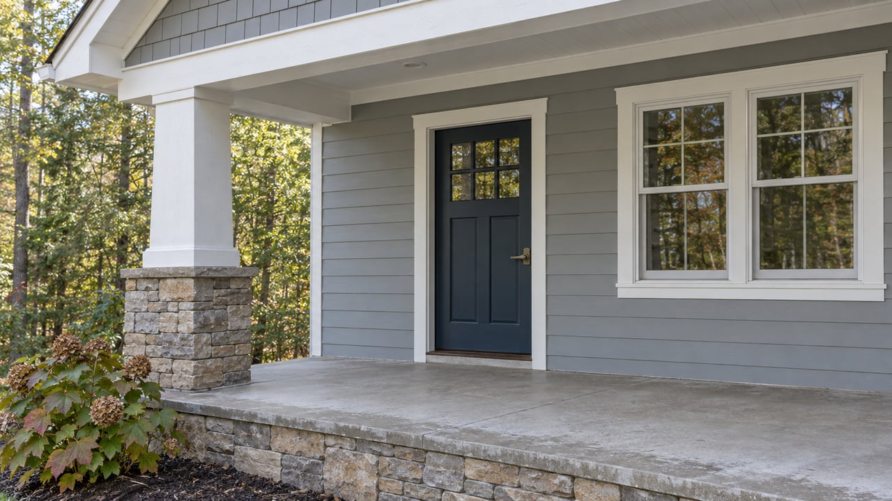 Covered porch with gray siding, a dark-blue glazed entry door, white column on a stone pedestal and oakleaf hydrangea beside the raised concrete floor.