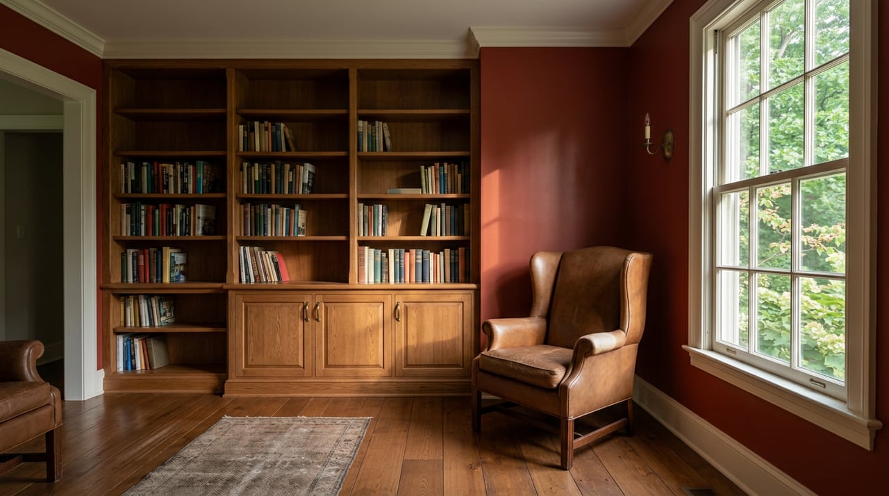 Oak bookcase and leather wingback chair in a den with a brick-red wall and sunlit window.