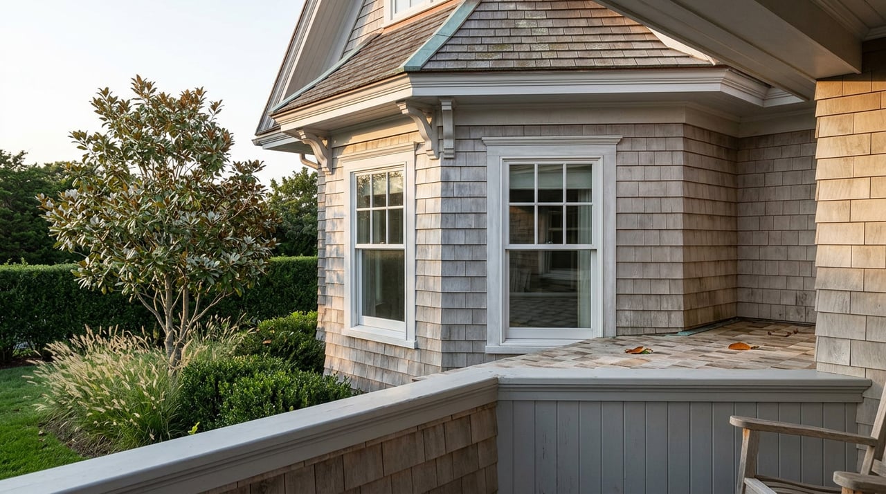 Shingle-style coastal home corner with an octagonal turret, divided-lite windows, white trim, and cedar roof.