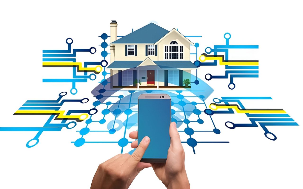 Connected smart home controlled by a smartphone, surrounded by circuit-like lines.