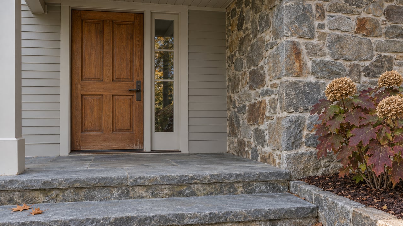 Close view of an oak front door, warm-gray clapboards, fieldstone pier and worn bluestone steps beside burgundy oakleaf hydrangea.