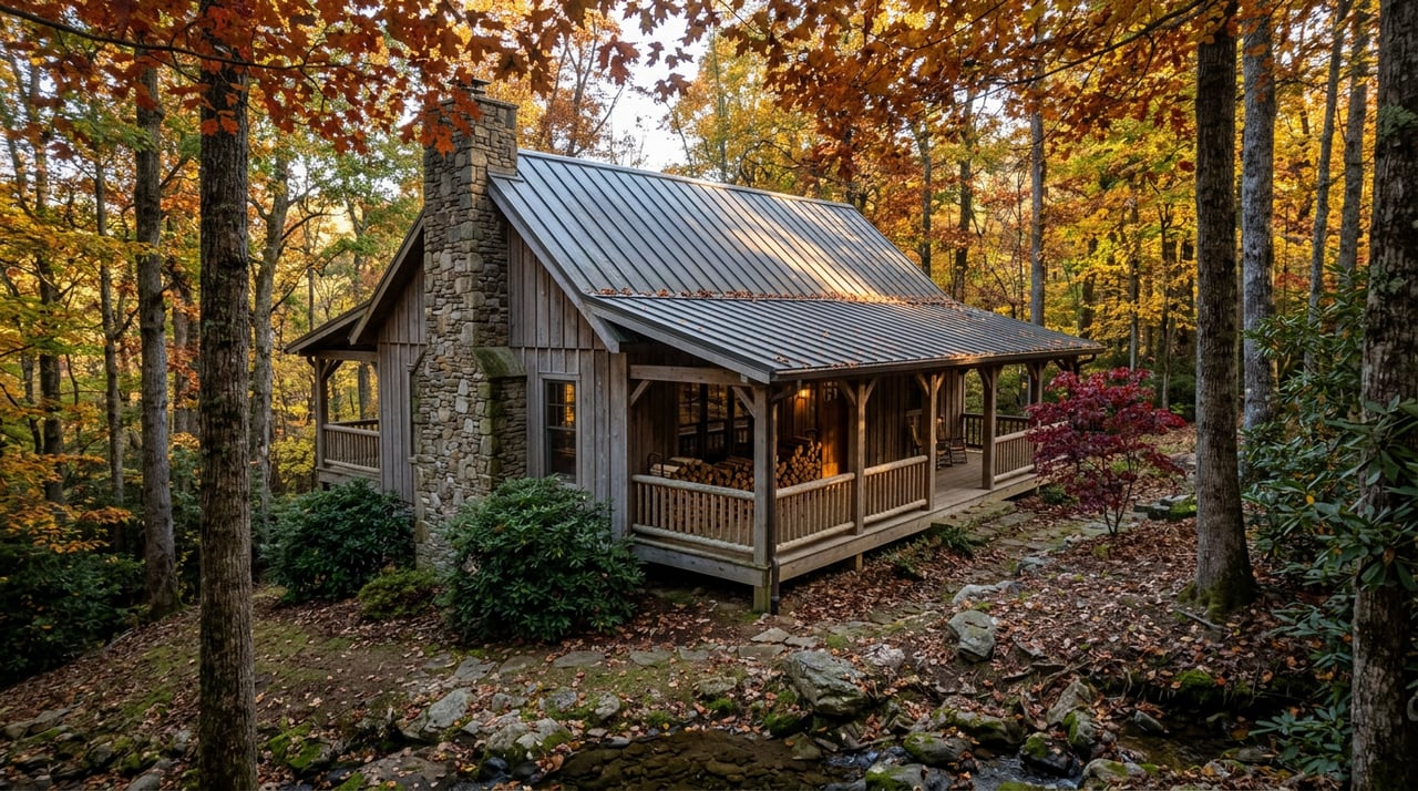 Timber cabin with stone chimney and covered deck above a rocky stream in autumn woods.