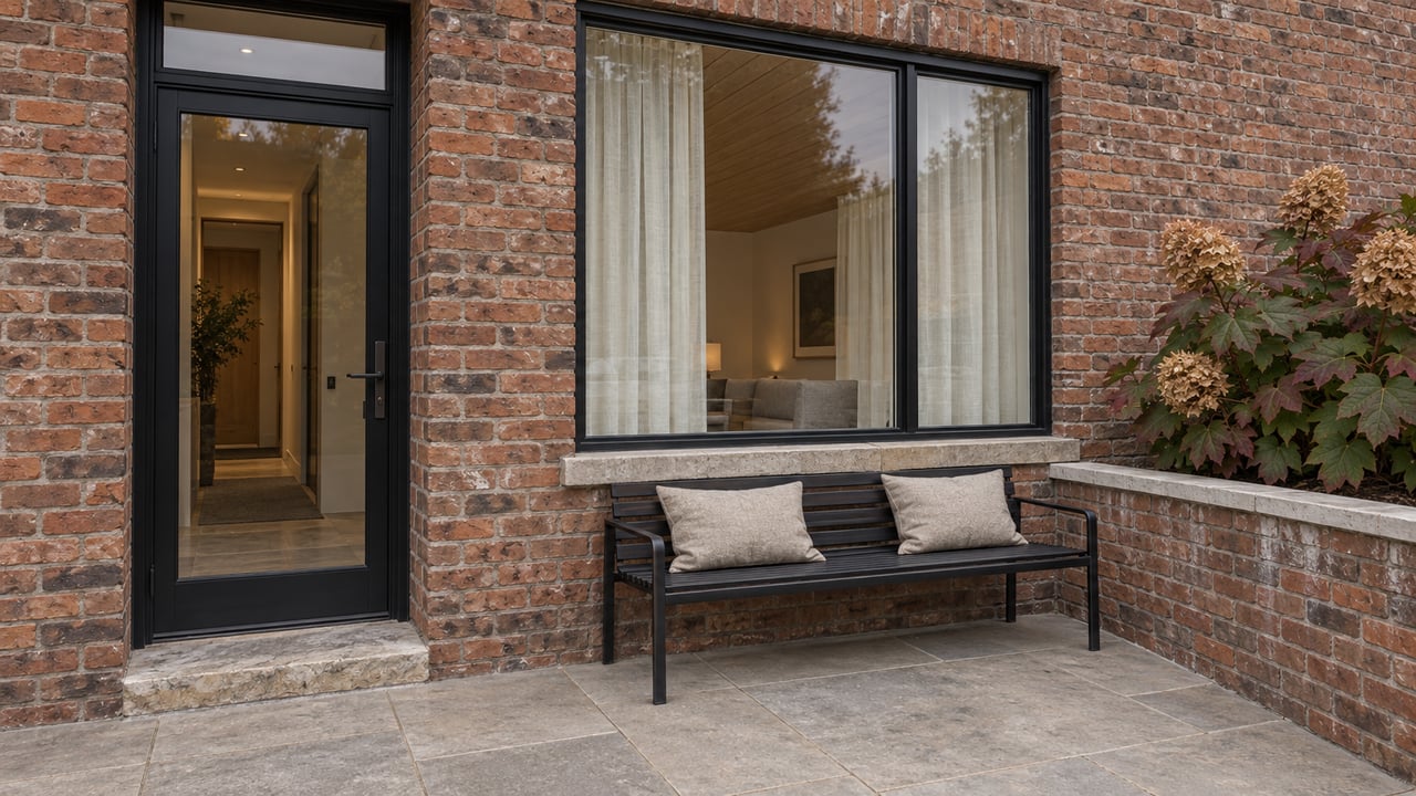 Renovated brick residence with a black-framed glazed entry, limestone terrace, cushioned bench and raised oakleaf hydrangea planter.