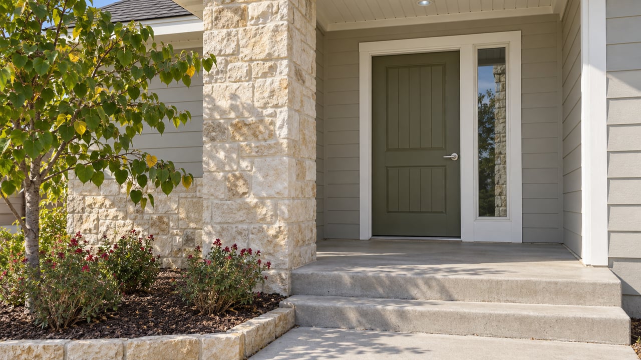 Sunlit limestone porch with an olive entry door, pale siding, concrete steps and a redbud beside a small flowering bed.