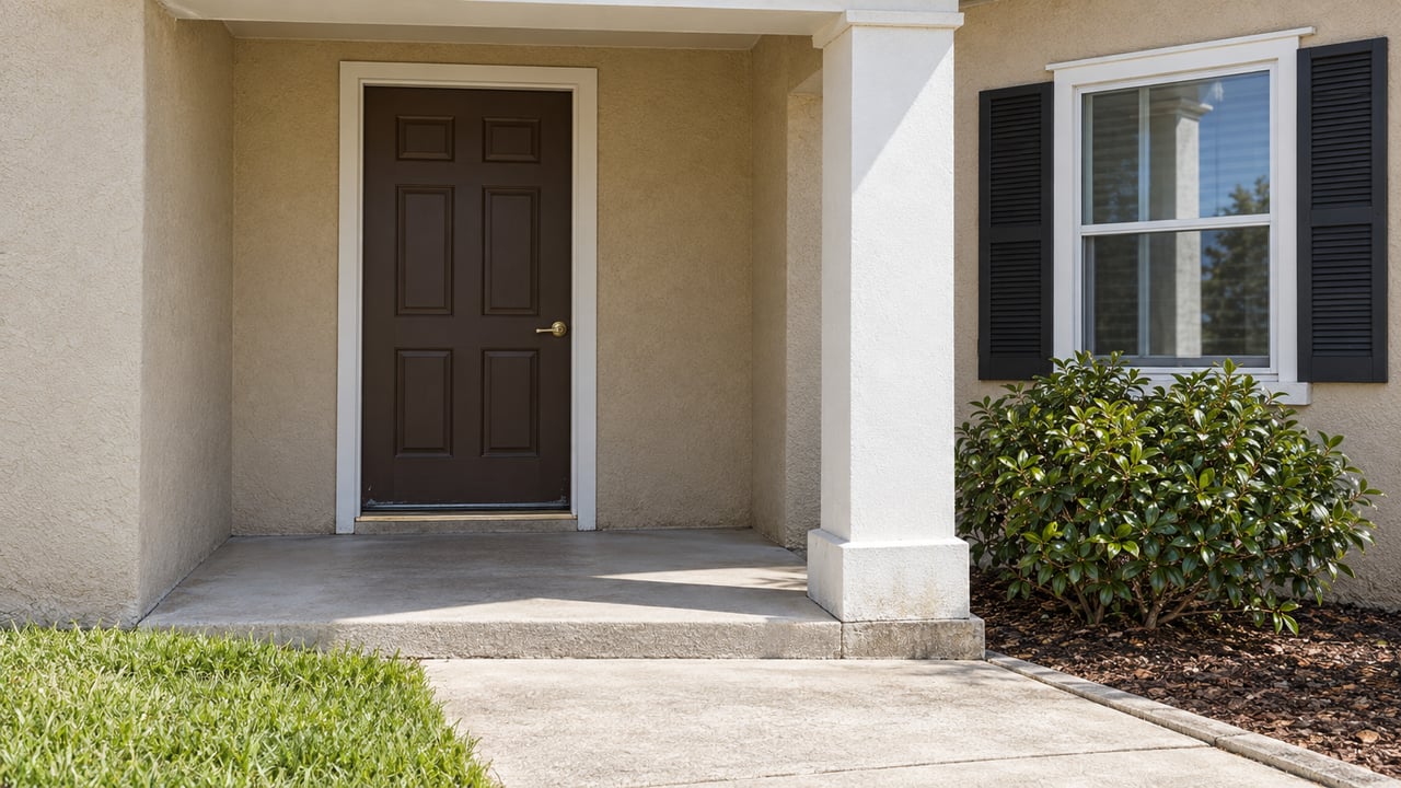 Close view of a sandy stucco home's shaded front entrance, white portico column, dark paneled door and concrete approach beside a camellia.