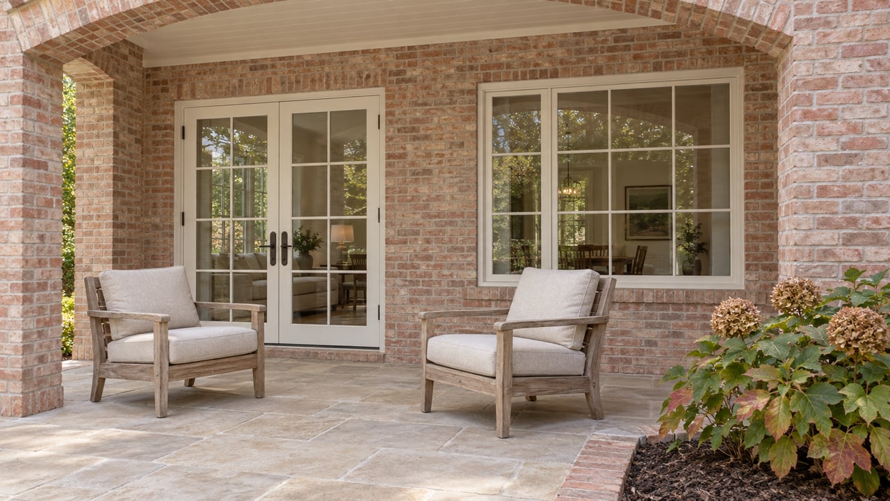Covered brick terrace with cream French doors, two weathered teak chairs and an oakleaf hydrangea beside stone paving.