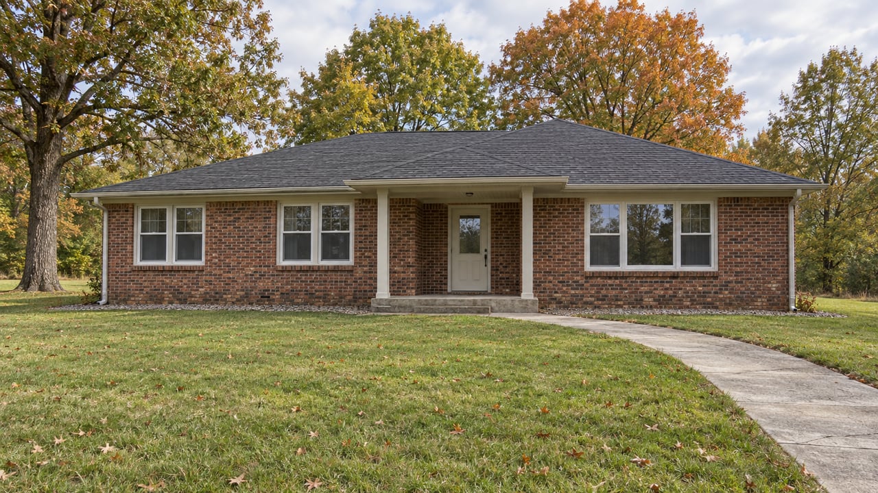 A red-brown brick ranch with a recessed porch and broad autumn lawn beneath oak and maple trees.