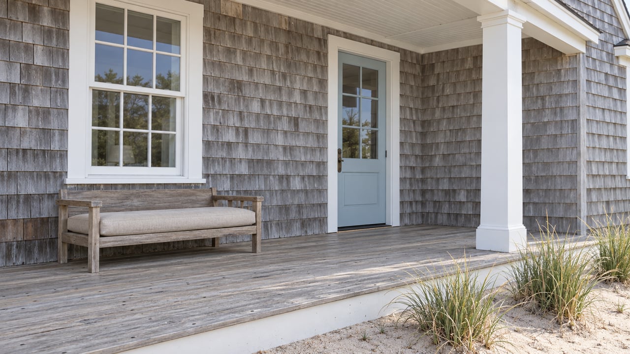 Weathered cedar-shingled home with a white-trimmed window, pale blue glazed door and teak bench on a raised wooden porch.