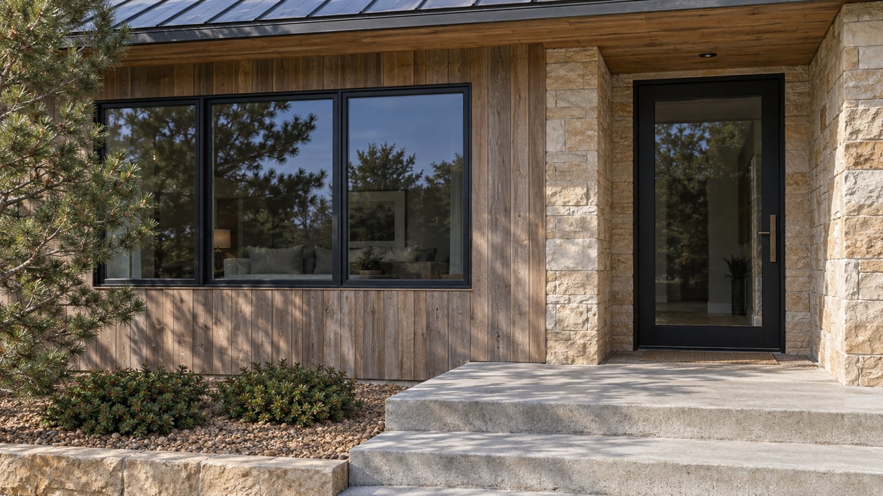 Sunlit cedar siding, buff sandstone entry surround, black-framed glazing and worn concrete steps beside a sculptural pinyon pine.