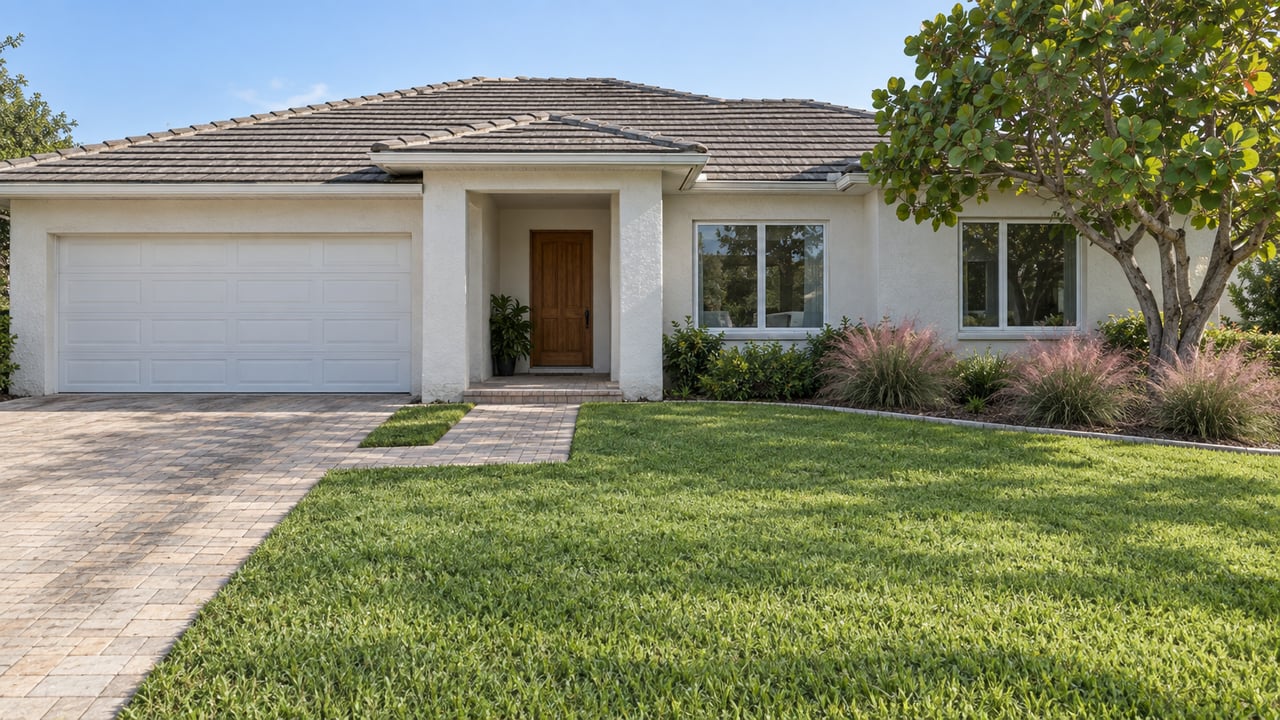 White single-story home with a gray tiled roof, paver walkway, broad front lawn and a sea-grape tree in clear morning light.