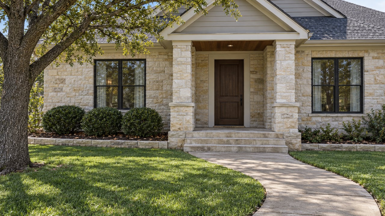 Limestone and light-sided home with a formal covered entry, paired windows and a curving walk through an oak-shaded lawn.