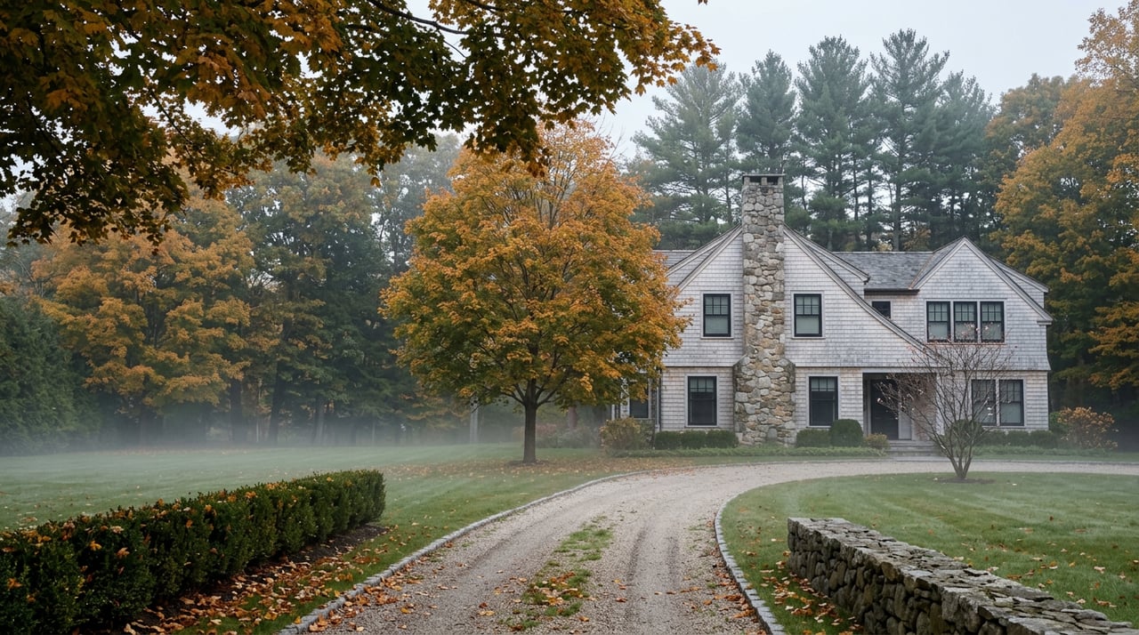 Long gravel driveway curves toward a gray-shingled gabled house, framed by golden maple leaves and dark conifers.