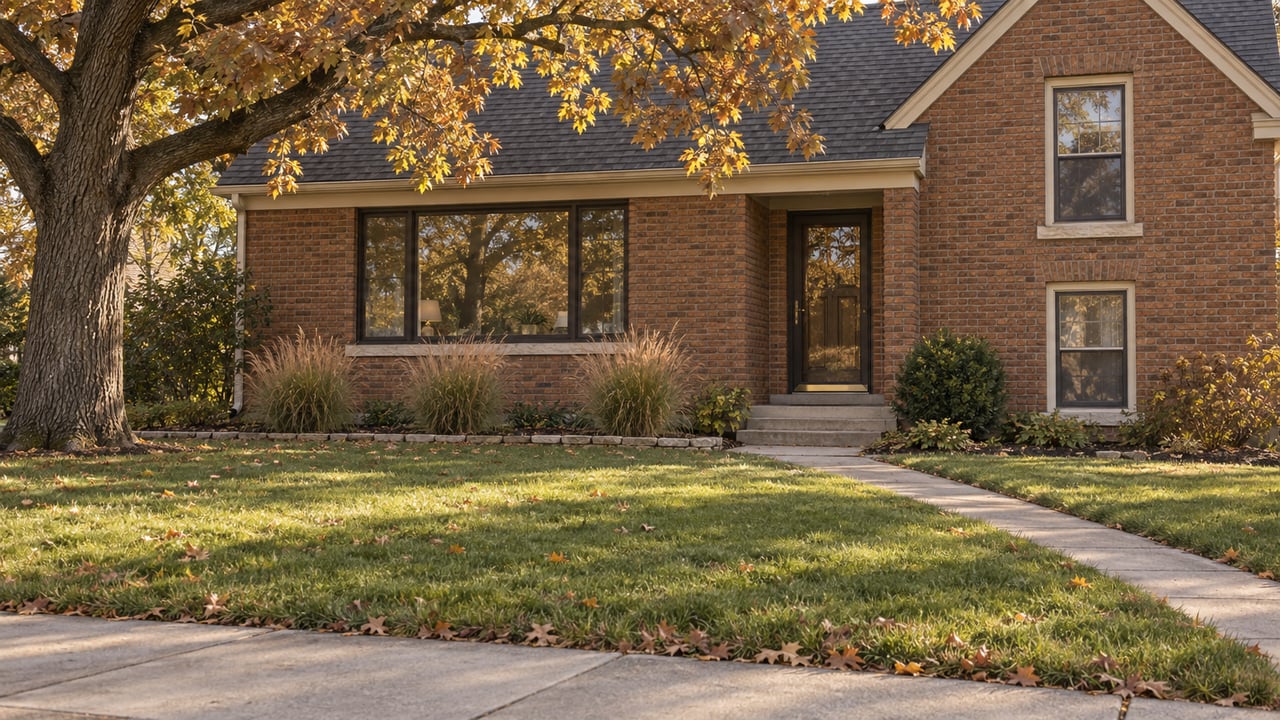 Brick house with a deep lawn, a mature oak turning copper and yellow, and three ornamental grass clumps.