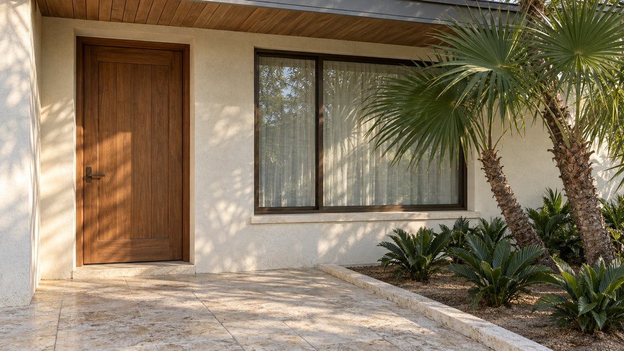 Sunlit stucco home entry with a cypress door, bronze-framed window, shell limestone paving and a sculptural palm beside a raised stone curb.