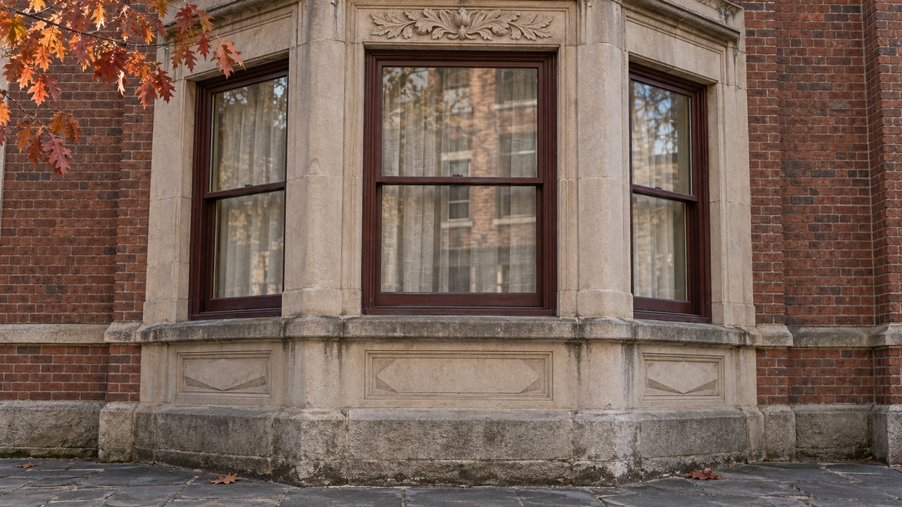Three oxblood sash windows in a weathered limestone bay set into russet brick, with copper-red oak leaves at the edge of the frame.