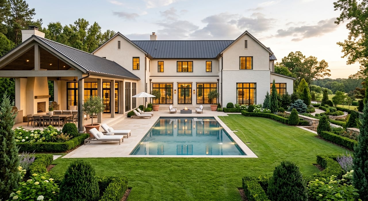 Modern white-stucco home with black-framed doors opens onto a limestone terrace, blue-green pool, and clipped lawn.