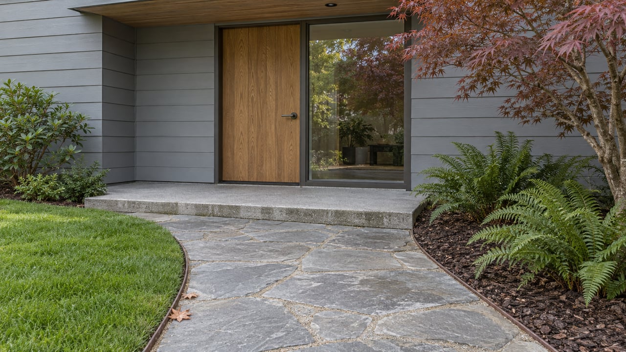 Curved stone garden path leading to a sheltered oak front door, with gray wood siding, a glass sidelight and a copper-red Japanese maple.