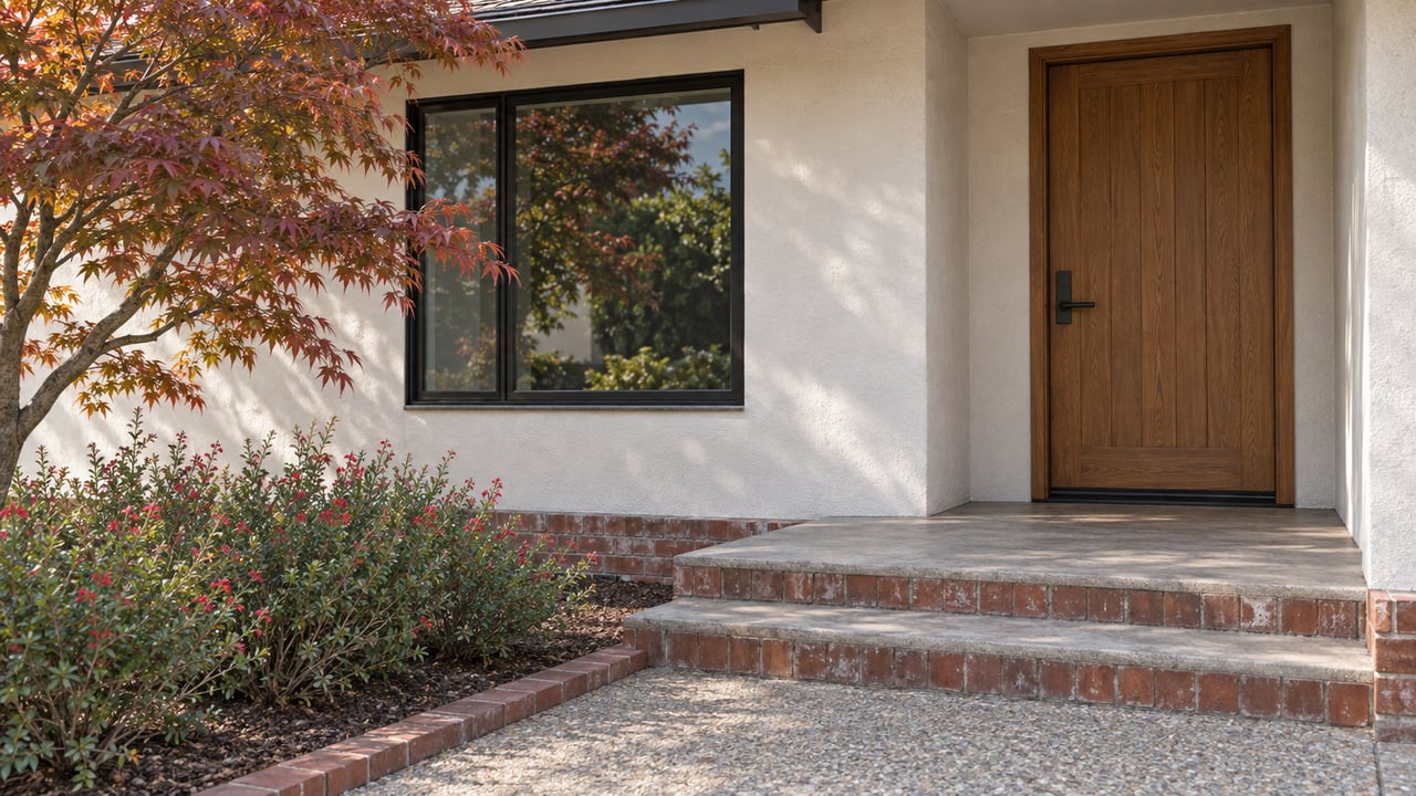 Oak entry door beside a black-framed window, with brick steps and a copper-red Japanese maple.