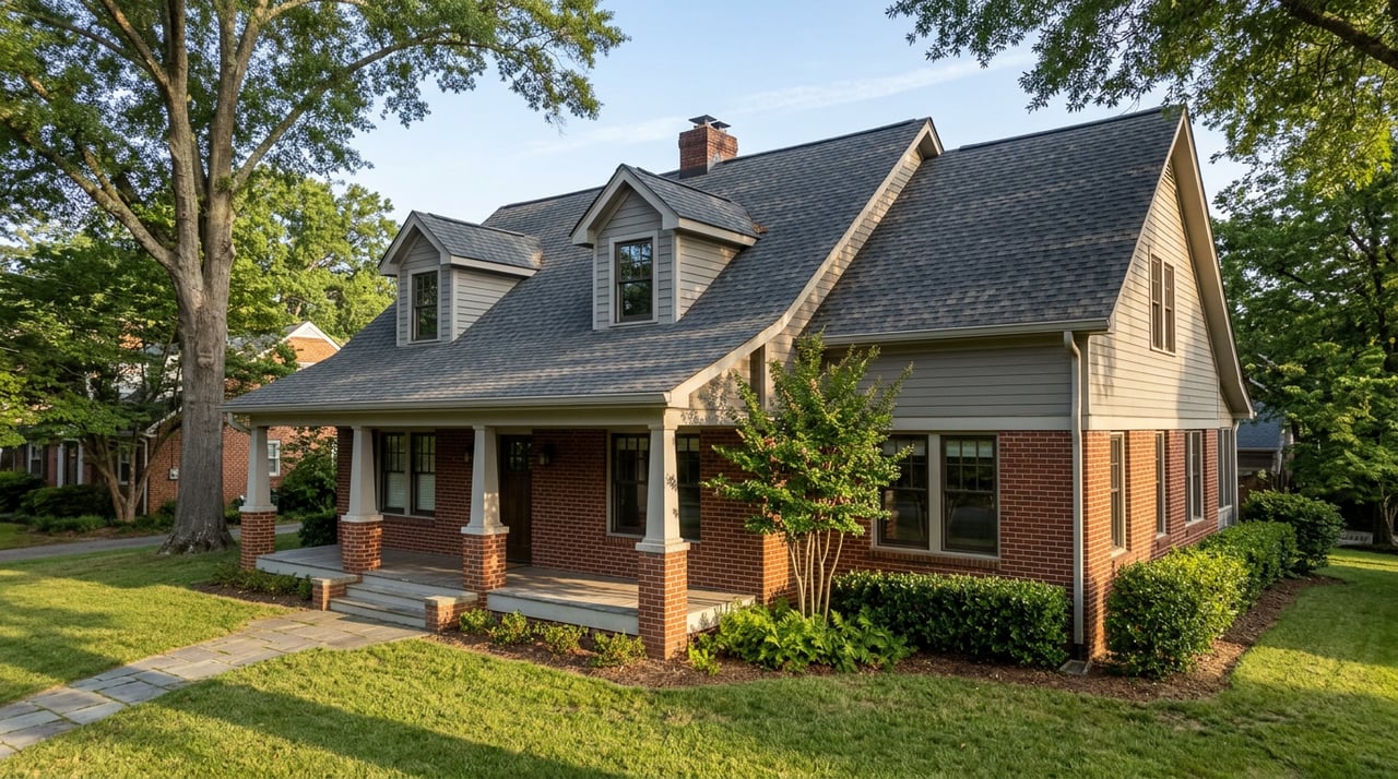 Two-story brick-and-gray-sided home with a deep porch, gabled dormers, and stone walkway beneath mature trees.
