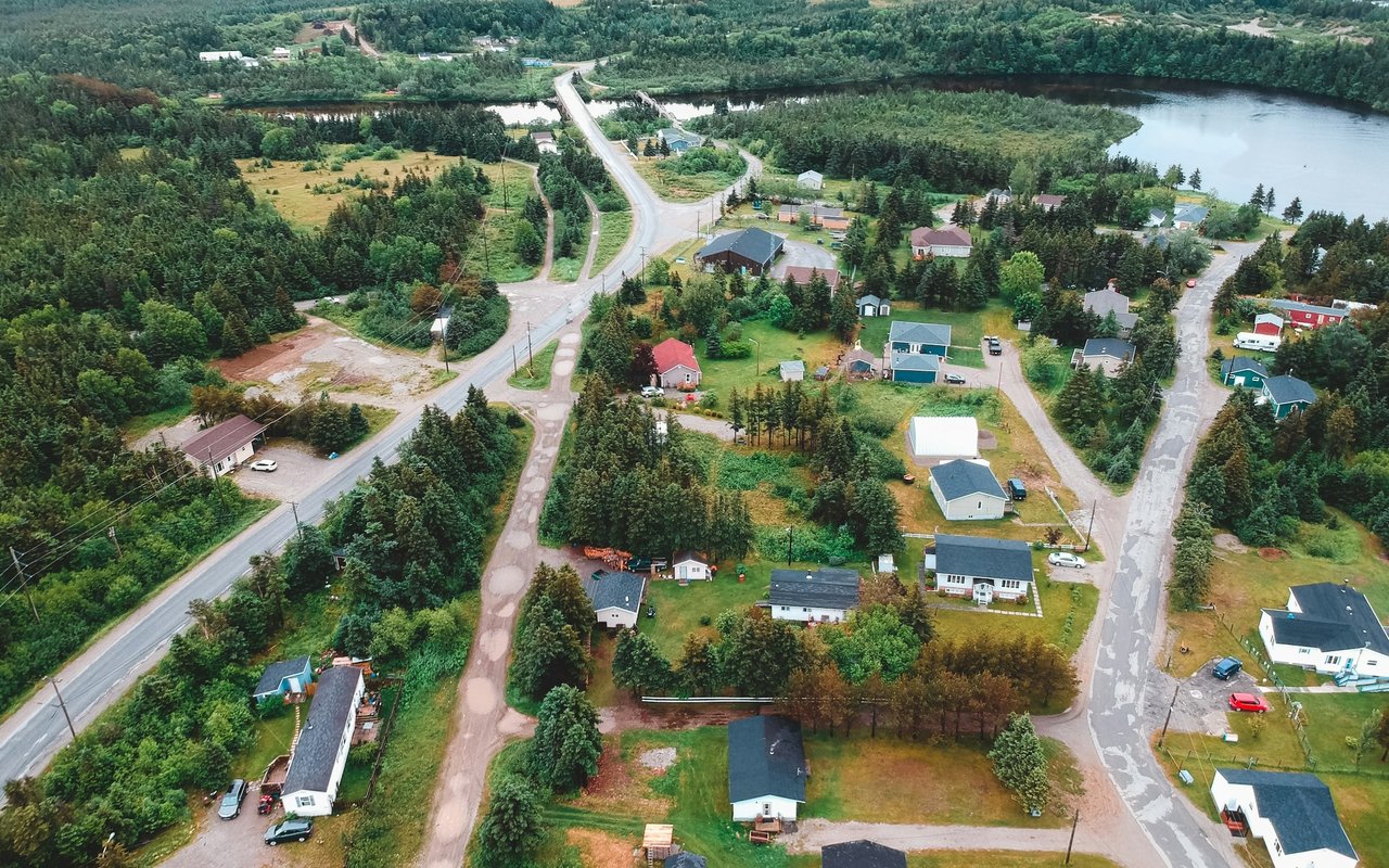 Aerial view of homes among trees, with roads and a lake nearby.