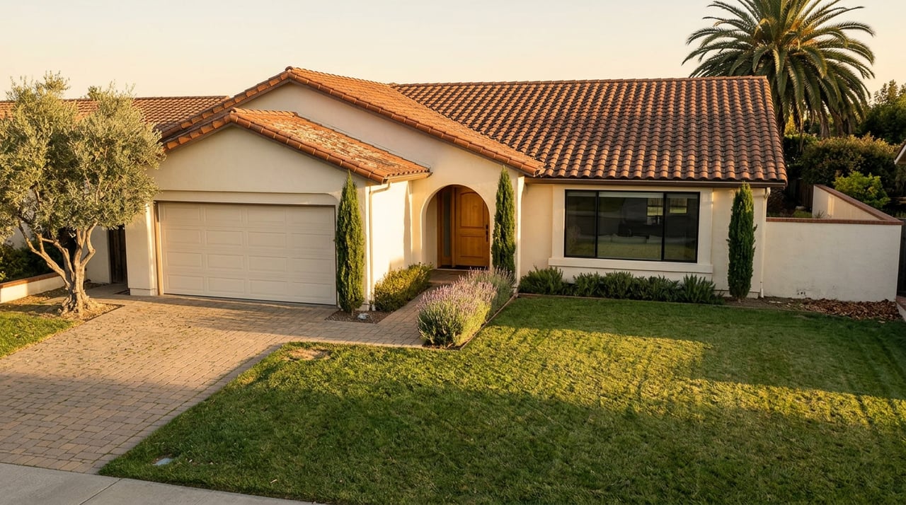 Mediterranean ranch home with an arched entry, clay tile roof, cypress trees, and a deep lawn.