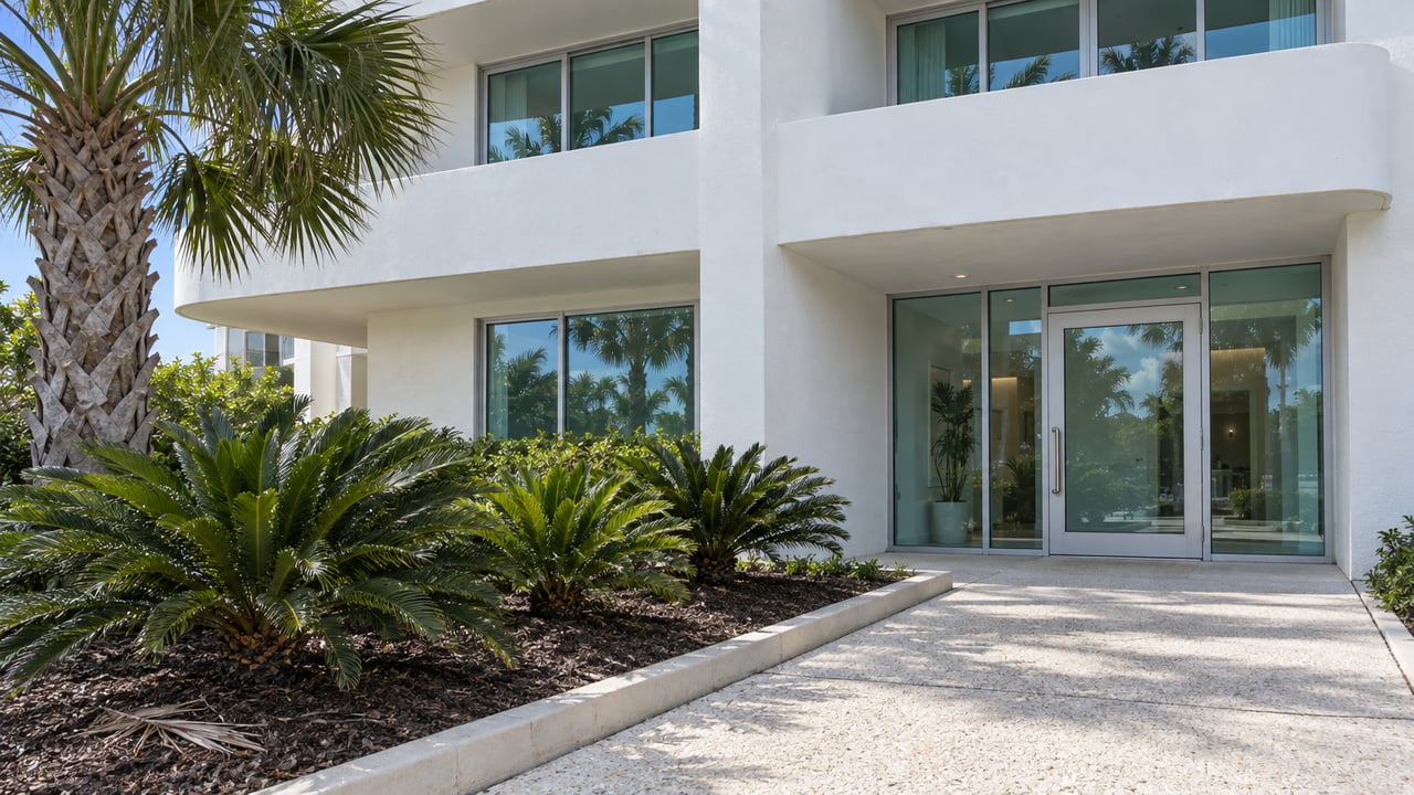 Sunlit white condominium entrance with aqua glass, rounded balcony edges, a mature cabbage palm and coontie planting beside a shell-aggregate approach.