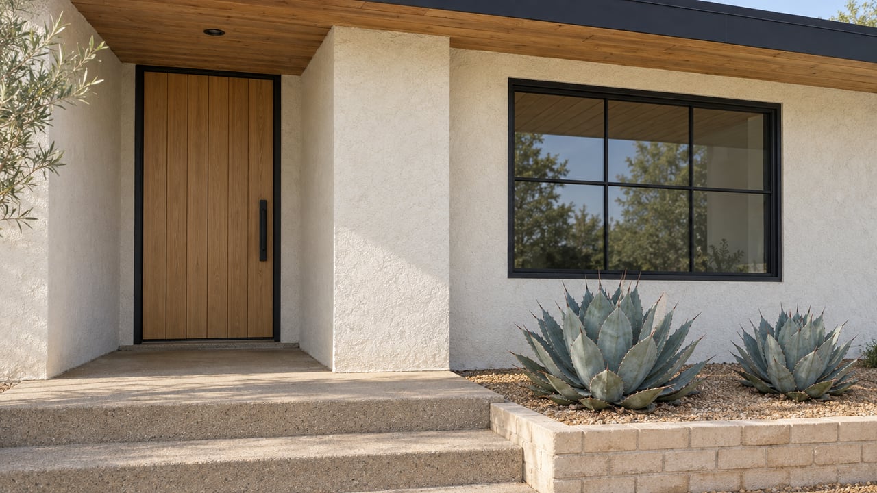 Warm-white stucco home entry with an oak door, black-framed window, wood soffit and two blue-gray agaves beside concrete steps.