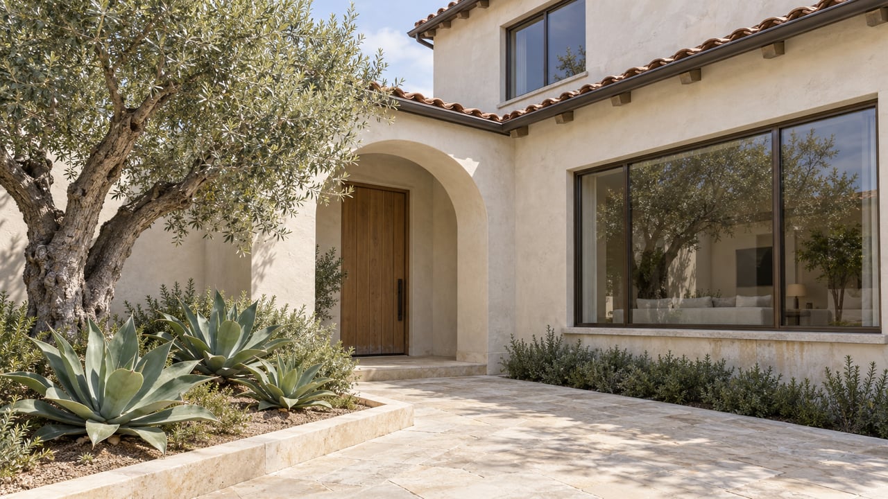 Sunlit ivory stucco home with a clay-tile roof, arched oak entrance, bronze-framed windows and olive tree beside a limestone approach.