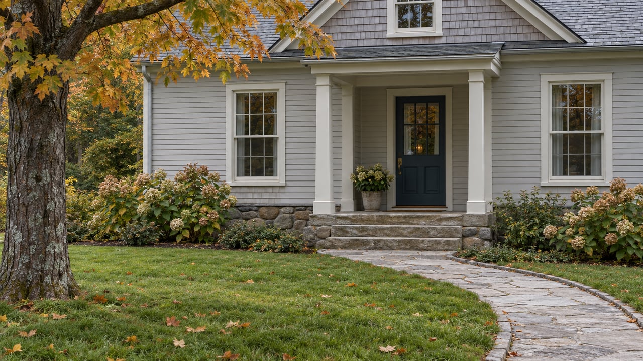 A sheltered blue-green front door and pale clapboard facade above weathered stone steps, with an autumn maple and a curving limestone walk.
