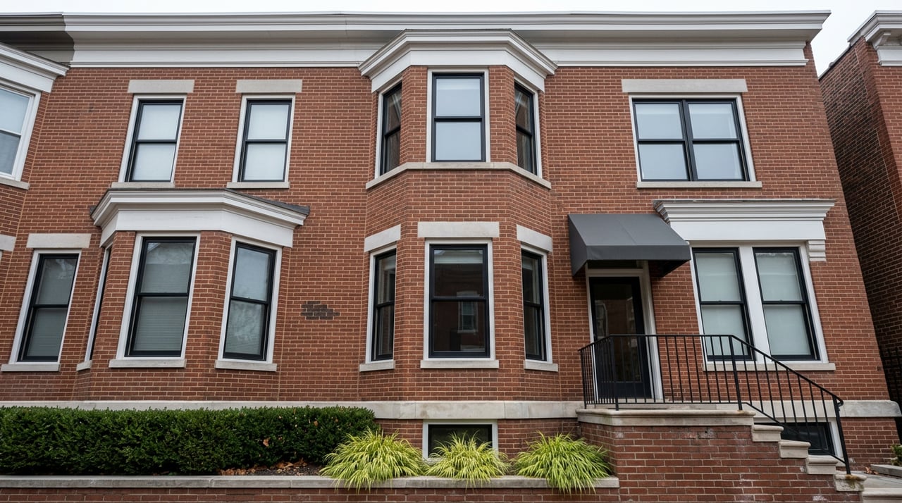 Two-story red-brown brick rowhouse with a projecting black-framed bay window, white stone lintels, and a raised stoop.