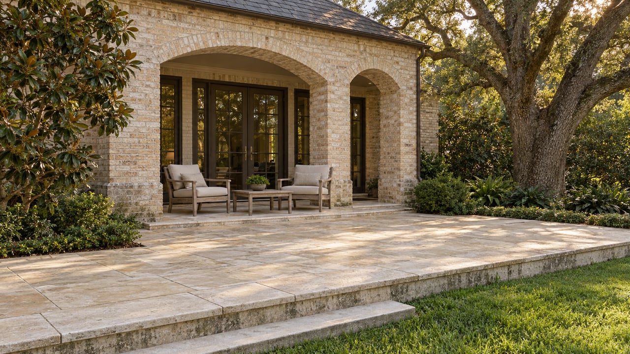 Brick-arched rear porch with closed French doors, teak seating and a limestone terrace framed by mature live oak and magnolia.