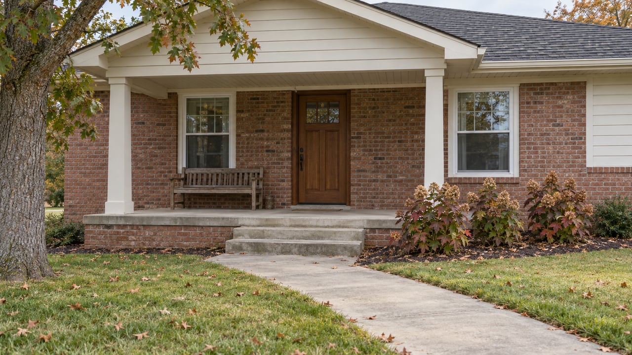 An established brick and ivory-sided home with a covered porch, concrete front walk, autumn oak leaves and oakleaf hydrangeas.