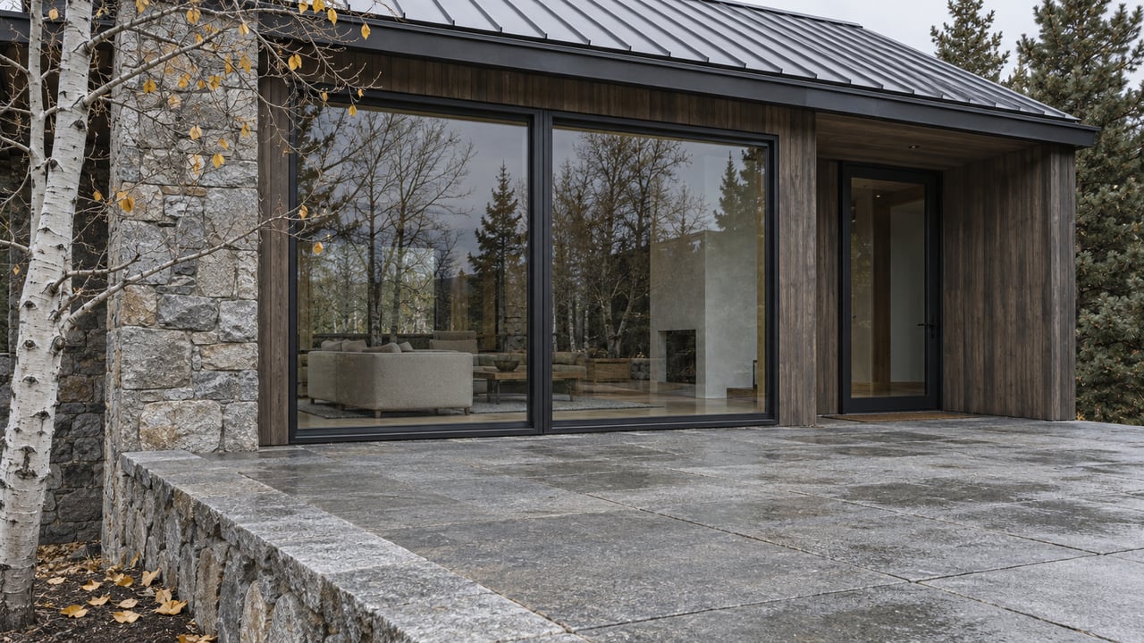 Late-autumn terrace beside a timber-and-stone contemporary home, with enclosed glazing, a bare aspen and weathered granite paving.