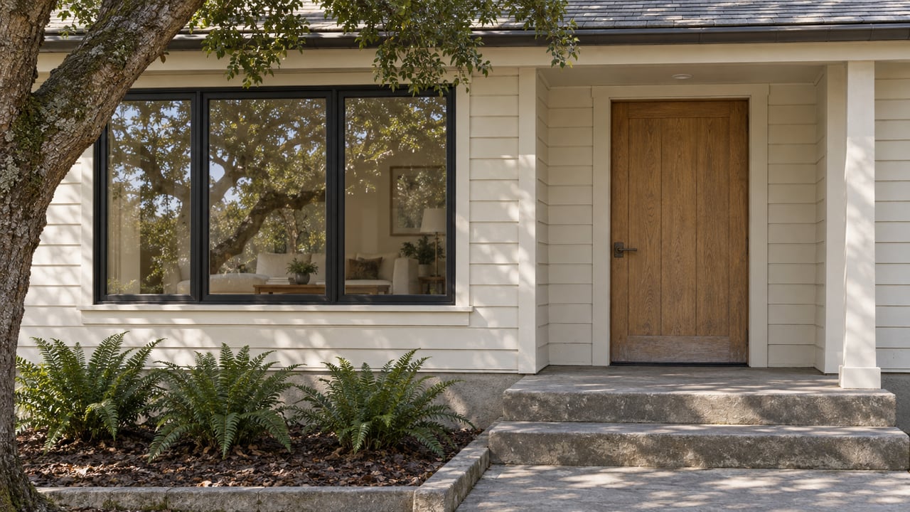 Sunlit white clapboard home with an oak front door, broad dark-framed window, worn sandstone steps and a mature oak beside three sword ferns.