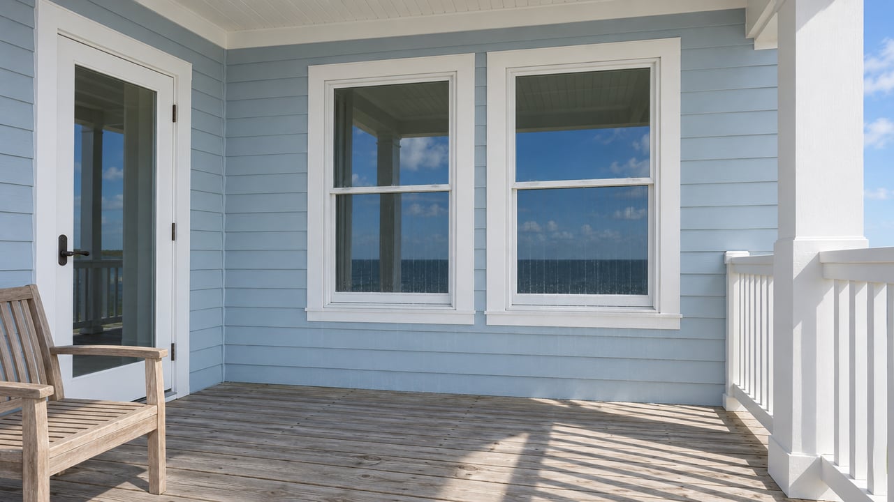 Close view of a raised home's covered porch with pale blue lap siding, white-framed glass openings, weathered timber decking and one teak chair.