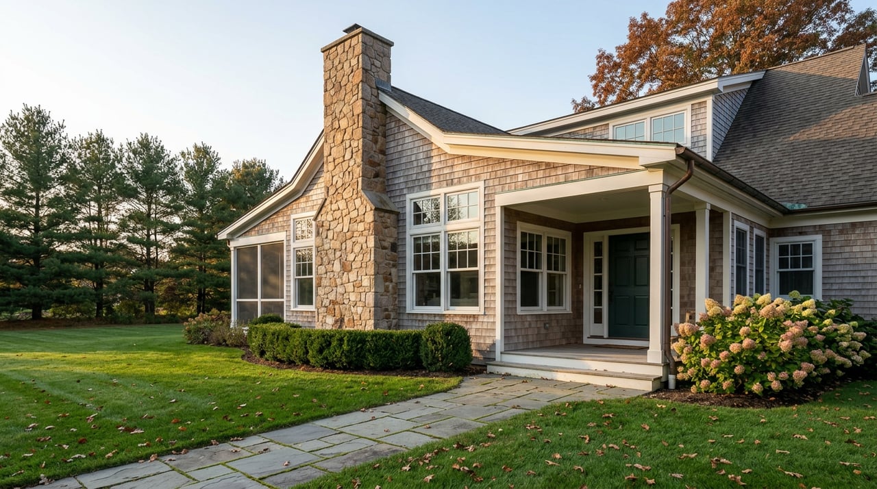 Cedar-shingle home with a stone chimney, covered porch, and bluestone walkway across a leaf-scattered lawn.