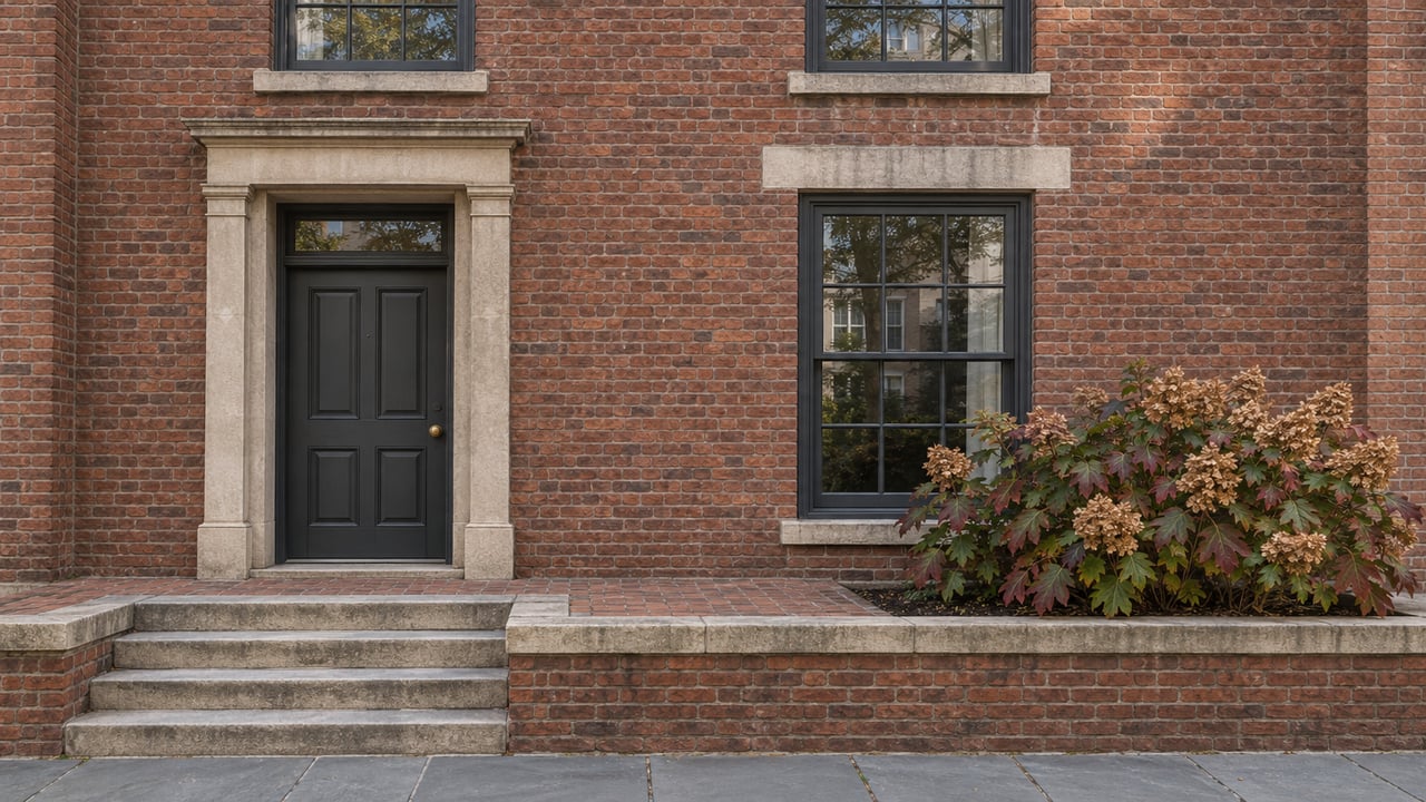 Russet brick townhouse facade with charcoal sash windows, a recessed paneled door, worn limestone steps, and one oakleaf hydrangea.