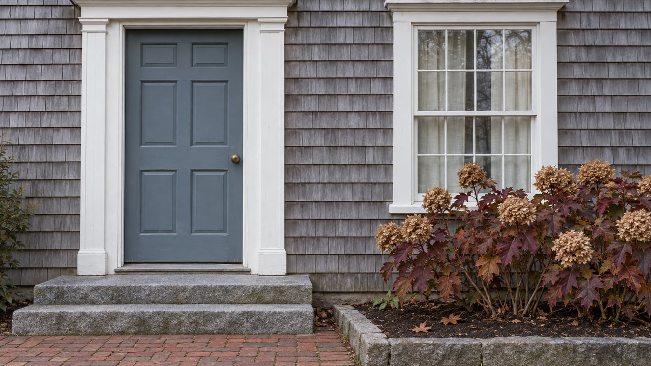 Weathered cedar-shingle home entry with a blue-gray door, white sash window, granite steps and autumn oakleaf hydrangea.