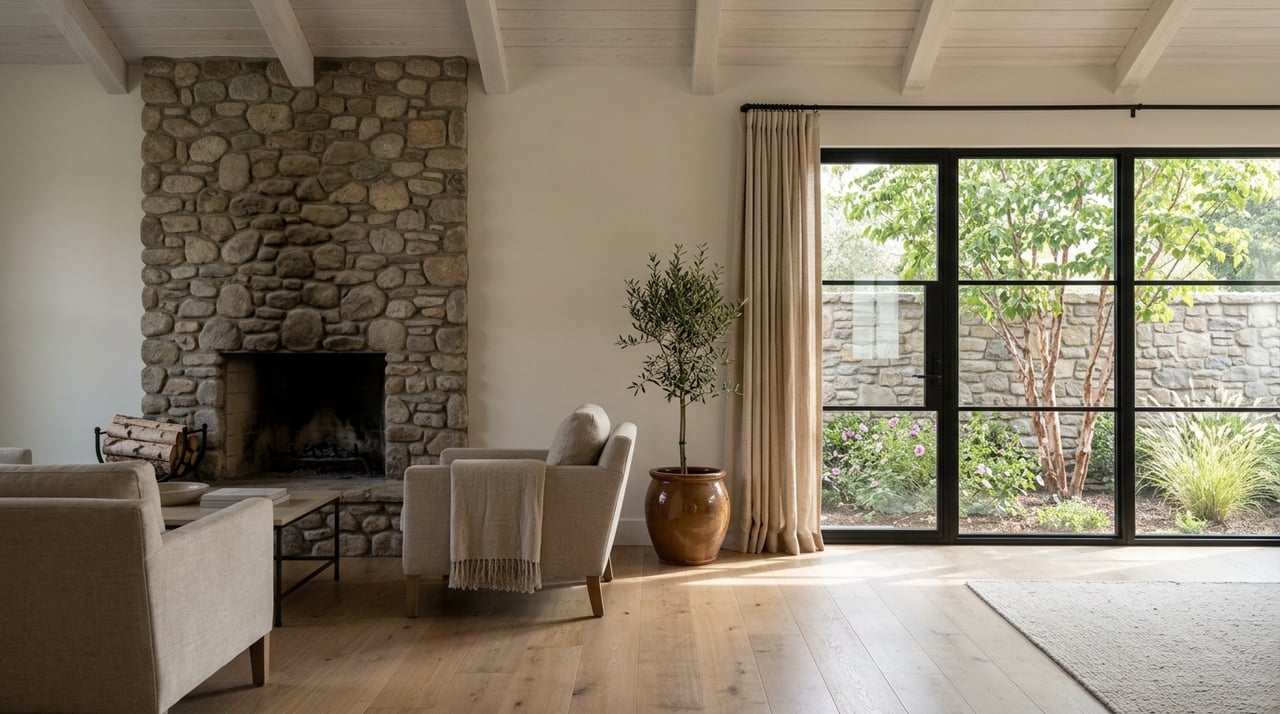 Great room with river-rock fireplace, vaulted beams, armchair, and black-framed windows overlooking a planted bed.