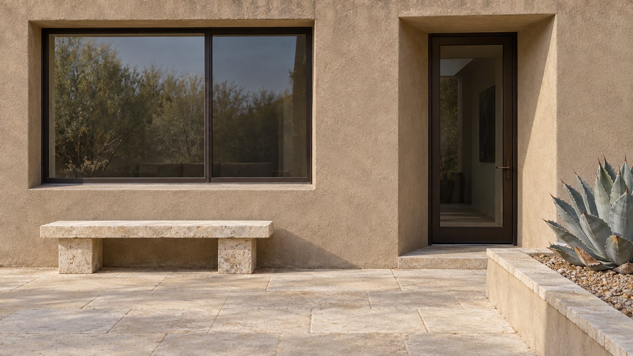 Close view of a sandy stucco home's recessed windows and glass entry, with a limestone bench and a blue-gray agave in a raised gravel bed.