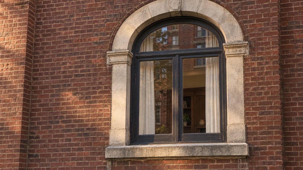 Tall arched timber window framed by weathered limestone and deep red brick, with linen curtains visible behind closed glass.
