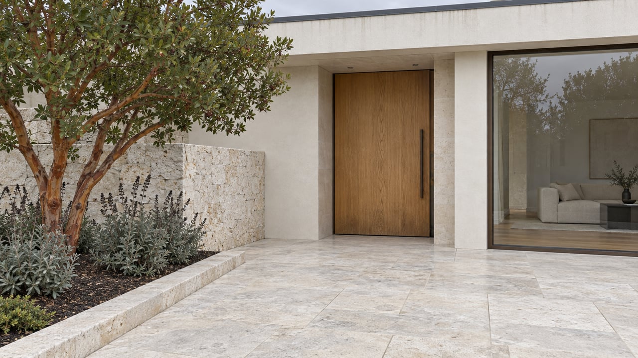 A modern home's sheltered oak entry and bronze-framed window beside a pale limestone approach and a sculptural strawberry tree.