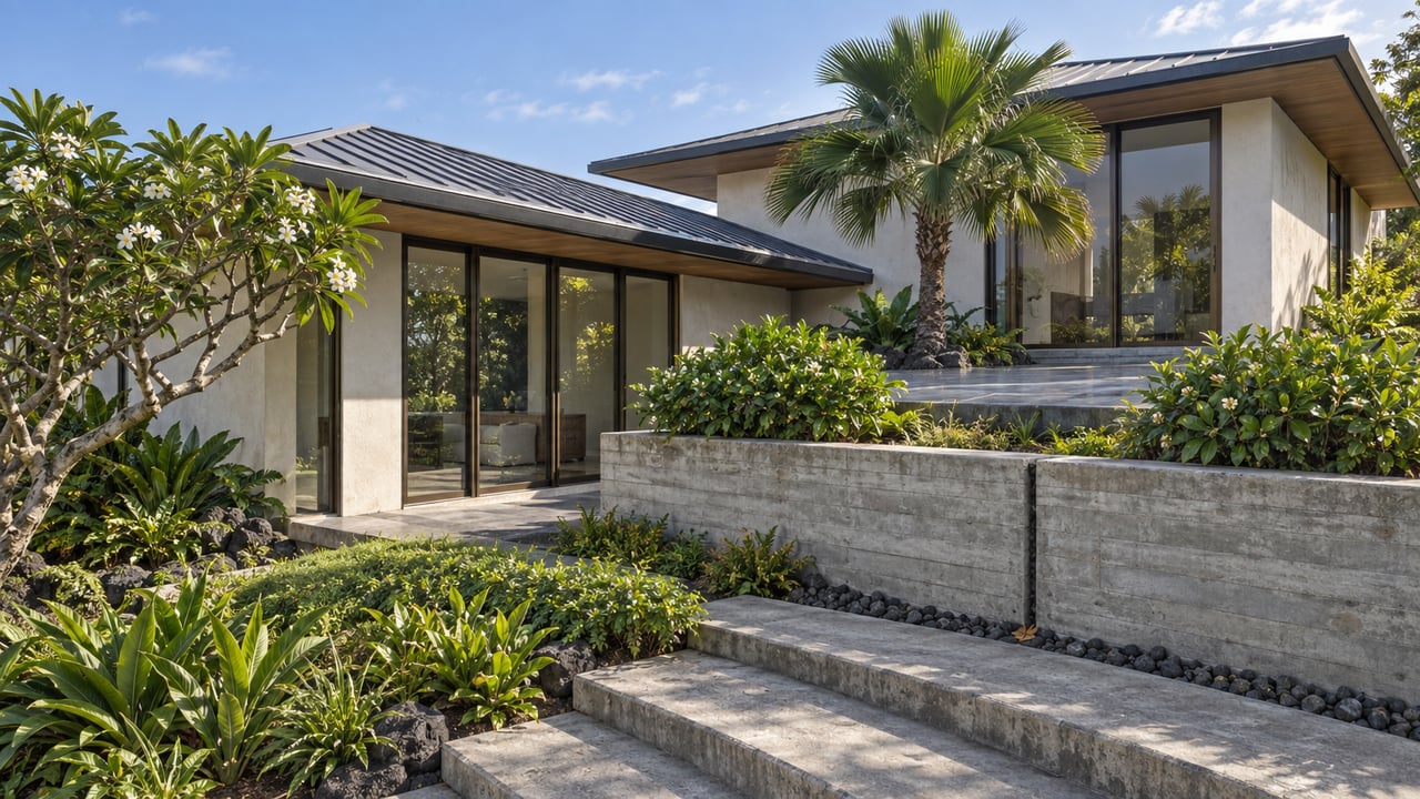 Stepped stucco house with two low rooflines, basalt terrace, concrete garden steps, and tropical trees.