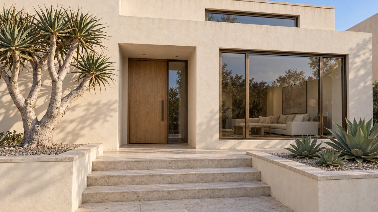 Ivory stucco residence with a recessed oak entry, bronze-framed windows, limestone steps and sculptural aloe planting.
