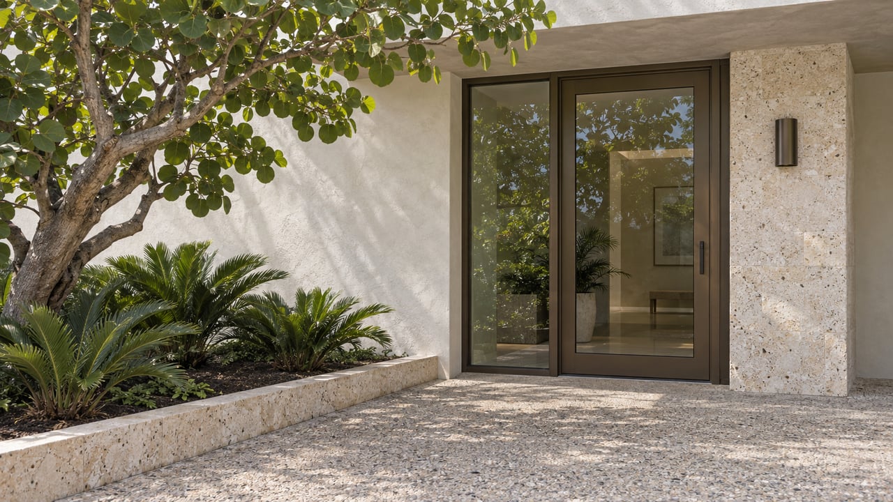 Coastal residence entrance with bronze-framed glass door, limestone pier, and leafy tree over a raised planting bed.