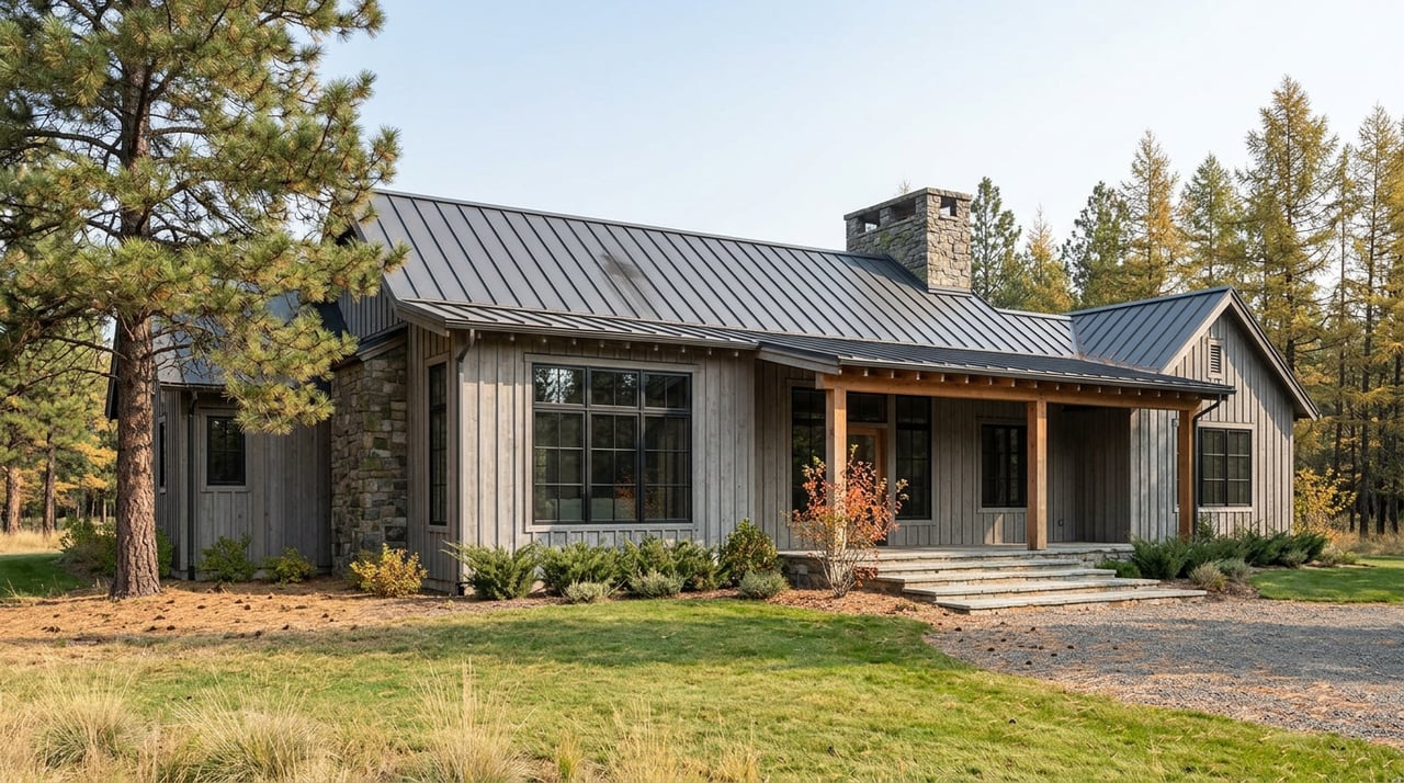 Mountain-modern home with gray cedar siding, stone chimney, deep timber porch, and meadow framed by pines and golden larch.