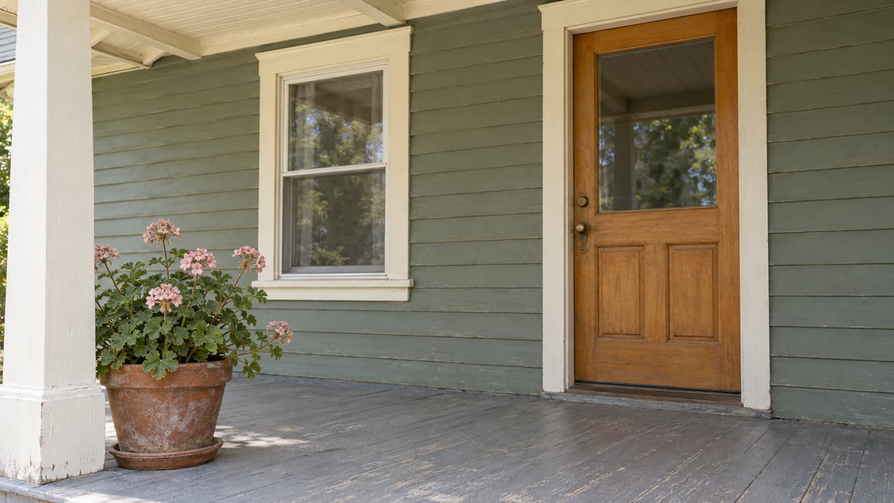 Close view of a sage-sided home's covered porch, with an ivory-trimmed window, glazed wooden door and a terracotta pot of scented geranium.